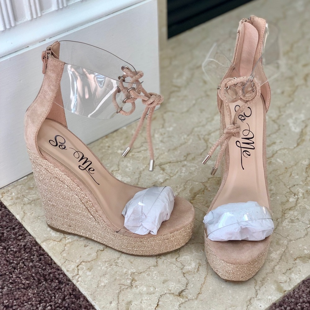 Nude Clear Espadrille Platform Wedge Heels